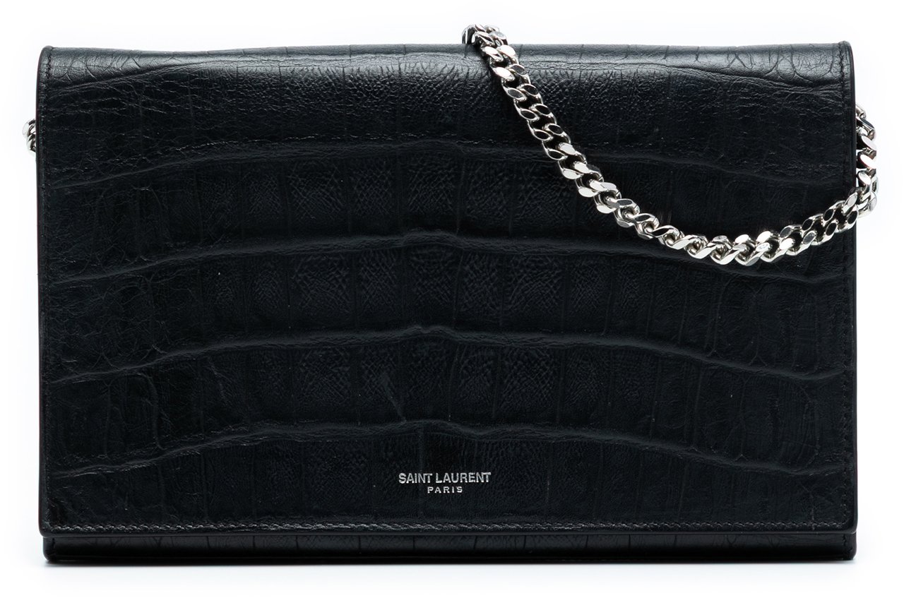 Saint Laurent Croc Embossed Leather Wallet On Chain Zwart