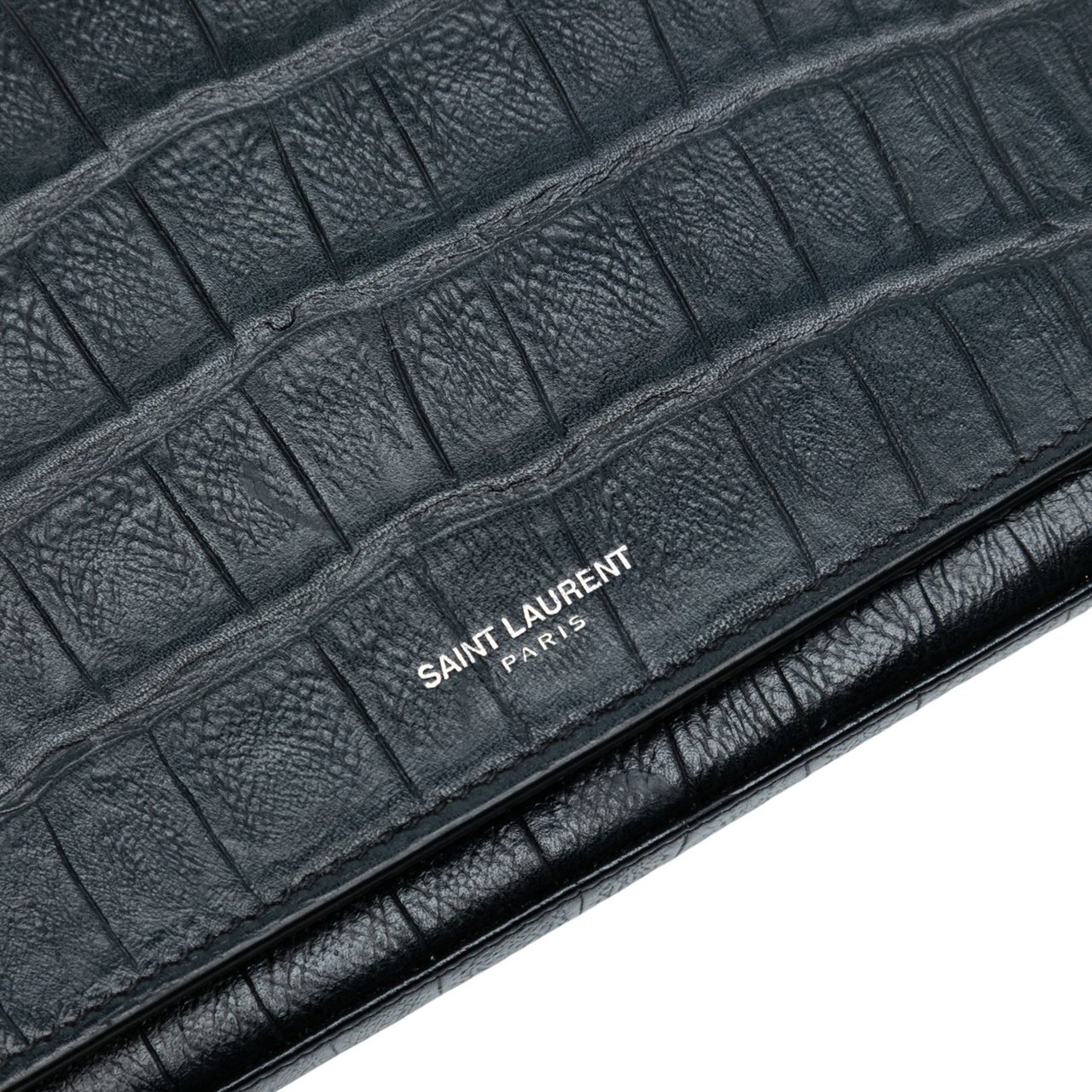 Saint Laurent Croc Embossed Leather Wallet On Chain Zwart