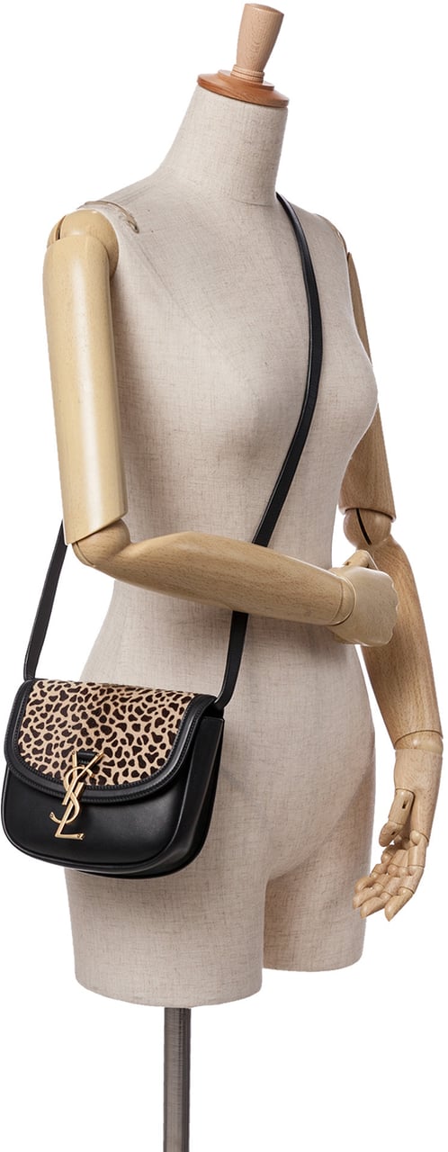 Saint Laurent Small Calfskin and Pony Hair Leopard Print Kaia Crossbody Zwart