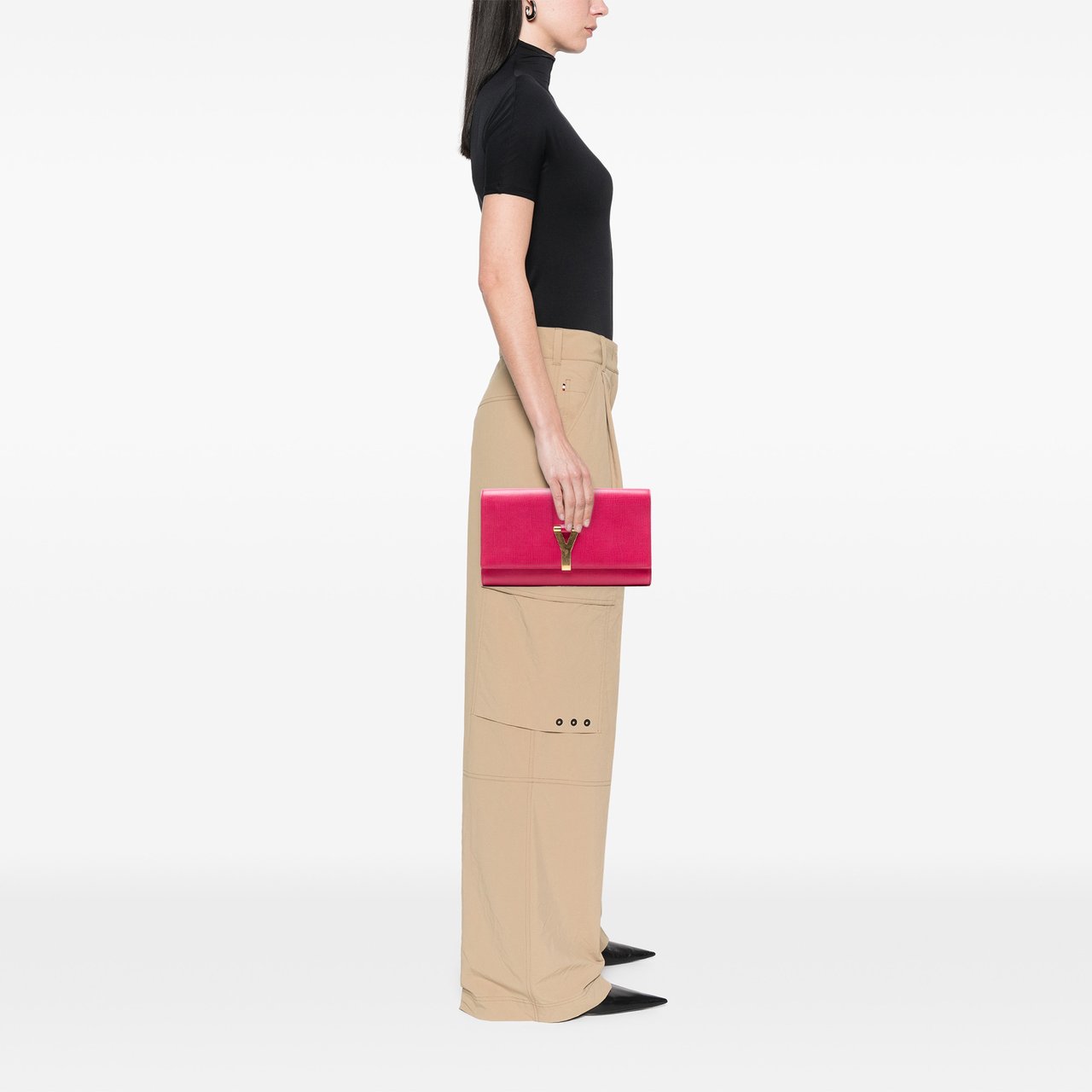 Saint Laurent Textured Calfskin Chyc Ligne Clutch Roze