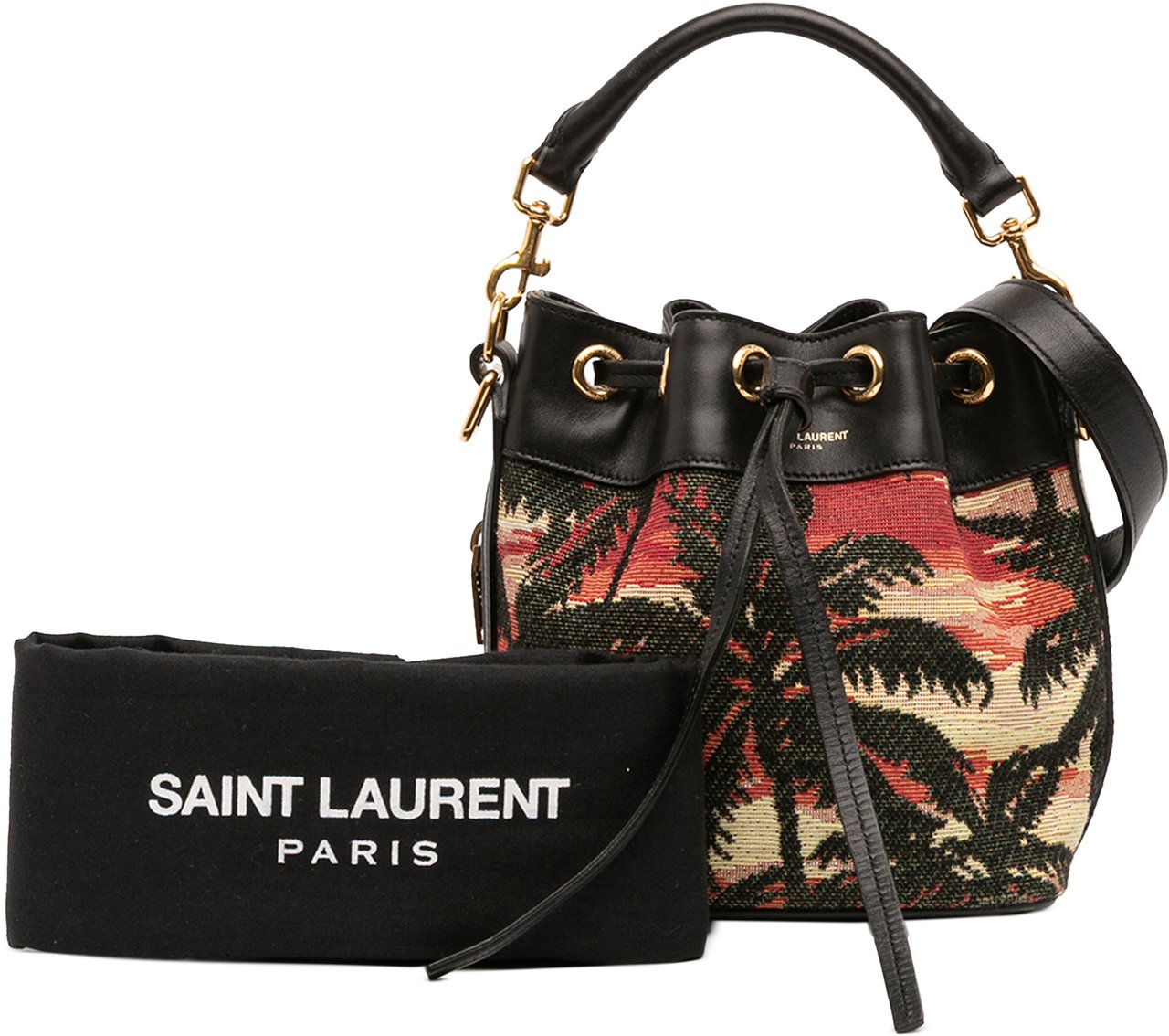 Saint Laurent Small Palm Tree Print Canvas Emmanuelle Bucket Bag Zwart