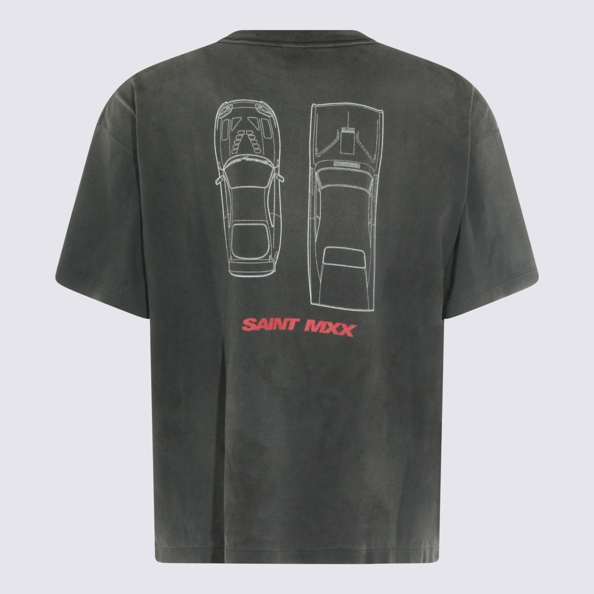 Saint Mxxxxxx Washed Black Graphic T-Shirt with Distressed Finish Grijs