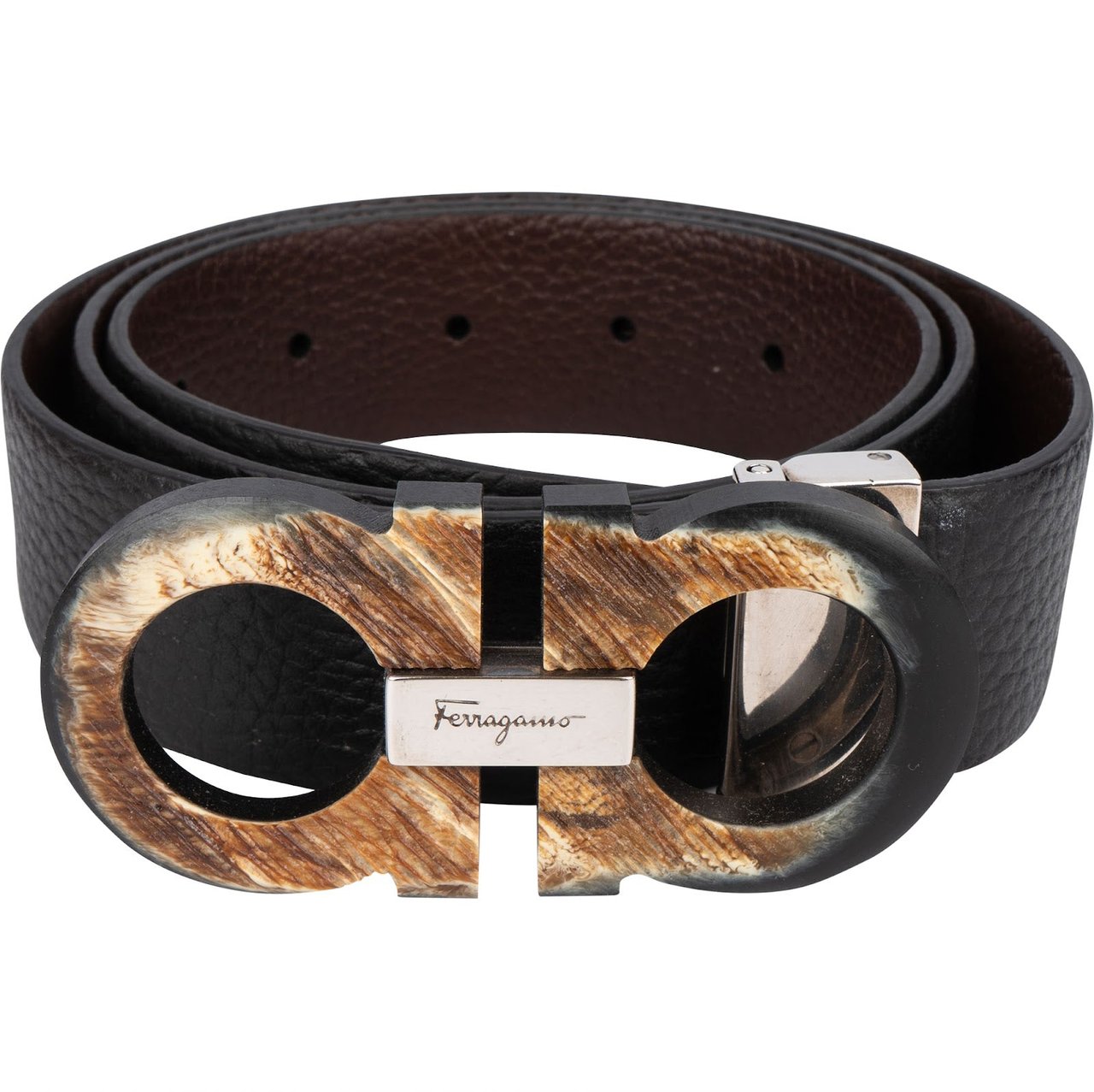 Salvatore Ferragamo Salvatore Ferragamo Leather Reversible Horn Double Gancini Belt Zwart