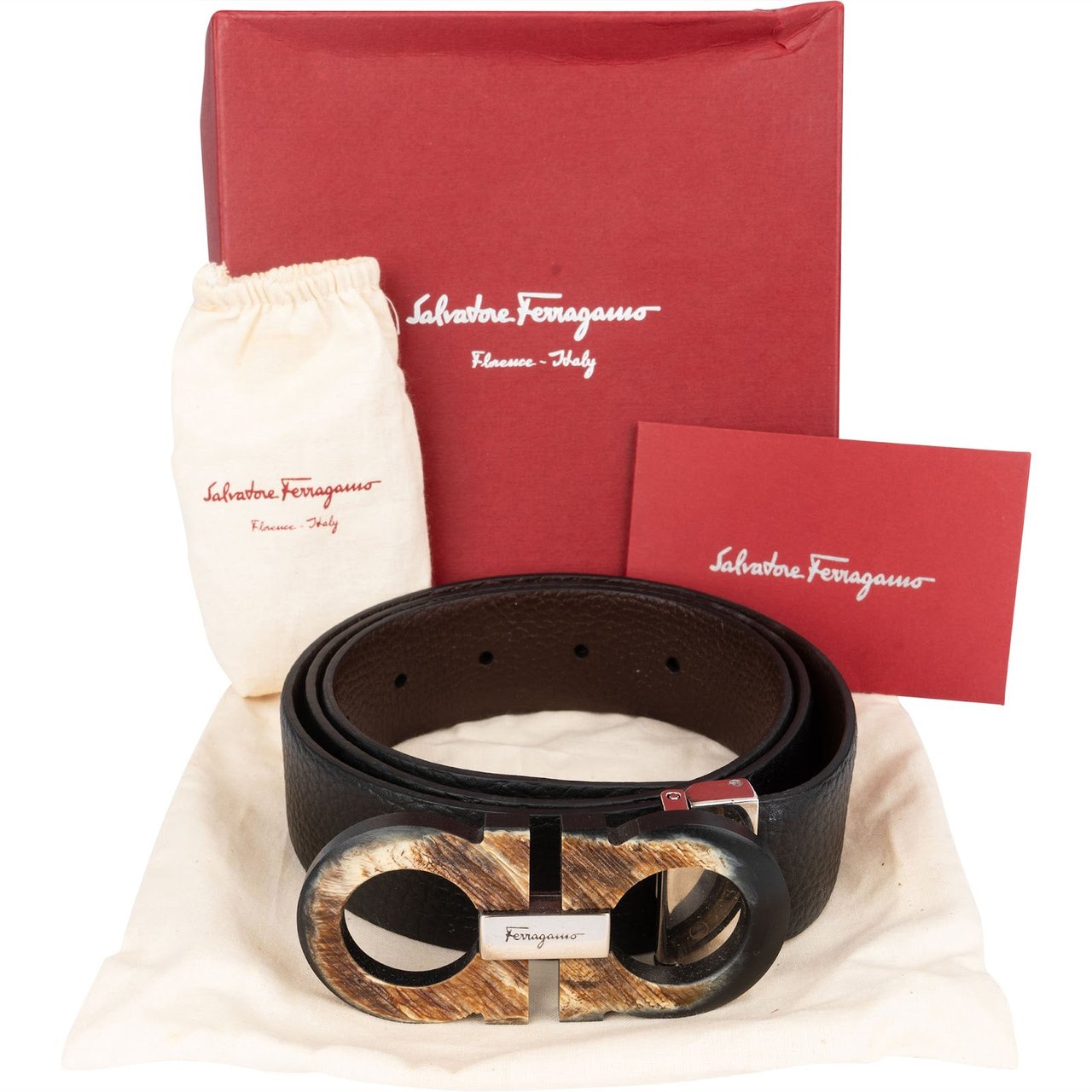 Salvatore Ferragamo Salvatore Ferragamo Leather Reversible Horn Double Gancini Belt Zwart