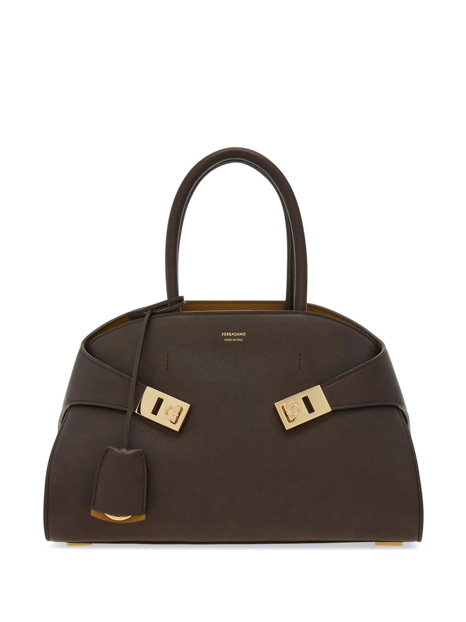 Salvatore Ferragamo Structured Smooth Leather Shoulder Bag With Gold-Tone Hardware Bruin