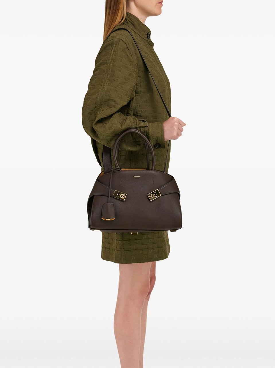 Salvatore Ferragamo Structured Smooth Leather Shoulder Bag With Gold-Tone Hardware Bruin
