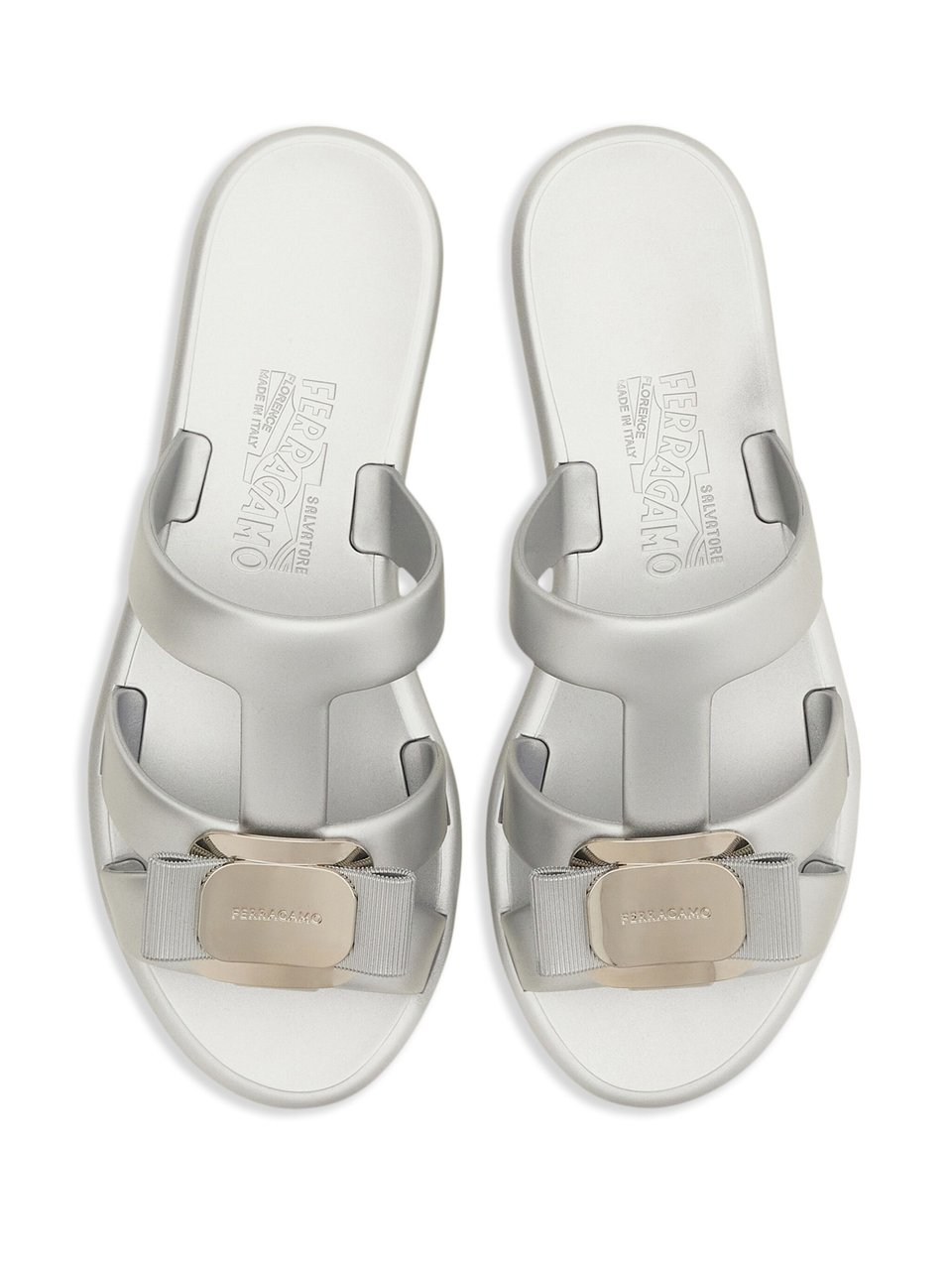 Salvatore Ferragamo Silver Lilou Flat Slide Rubber Sandals Grijs