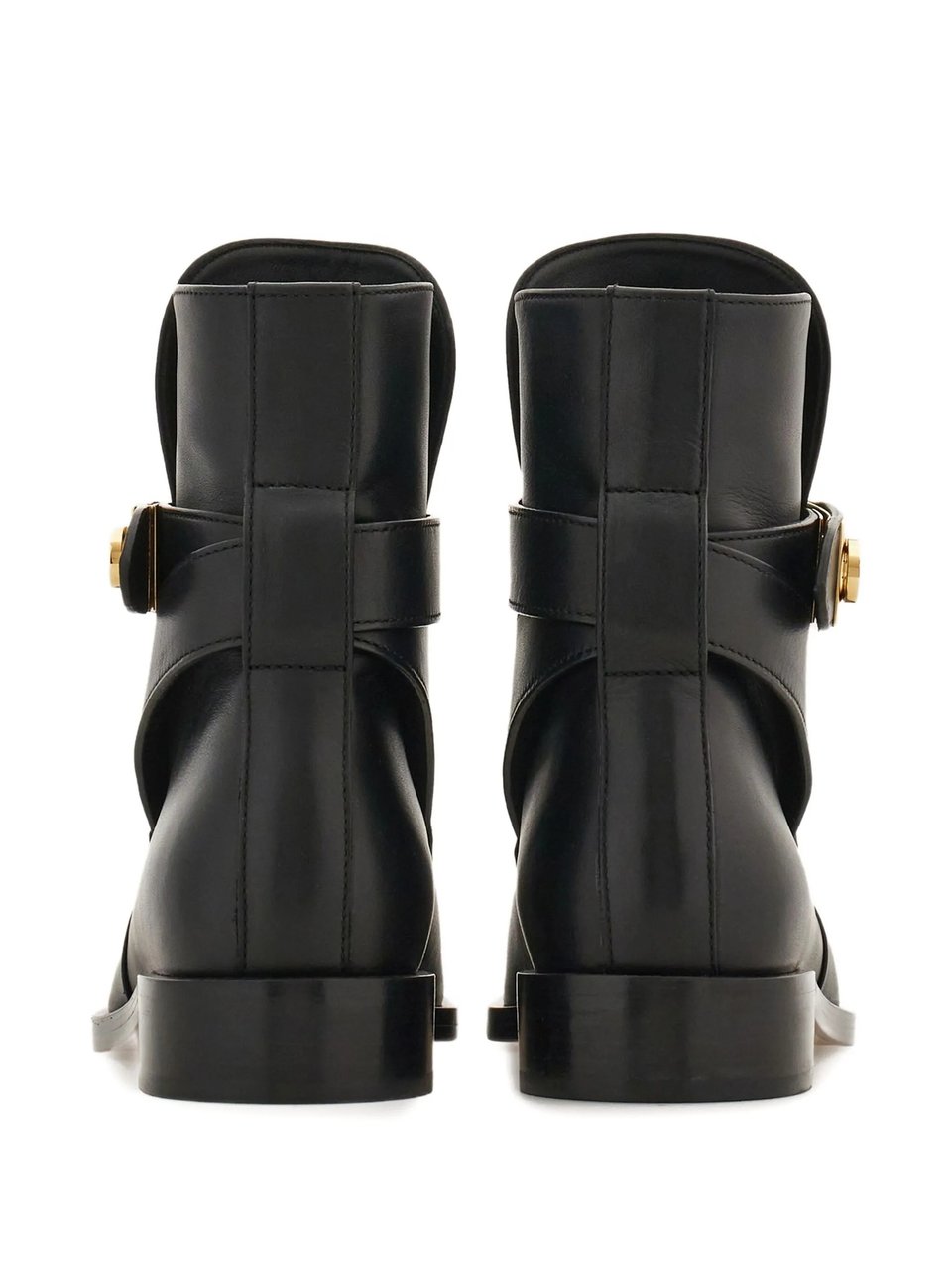 Salvatore Ferragamo Pointed Toe Leather Ankle Boots With Gold-Tone Buckle Detail Zwart