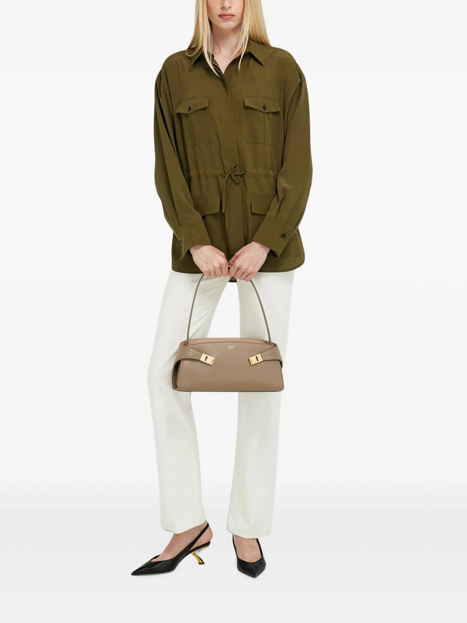 Salvatore Ferragamo Elongated Calf Leather Shoulder Bag With Gold-Tone Hardware Neutraal