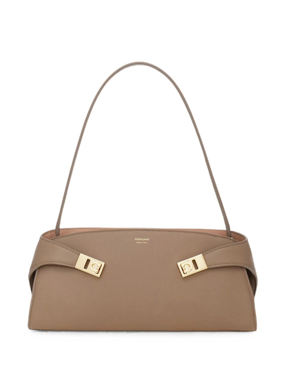 Salvatore Ferragamo Elongated Calf Leather Shoulder Bag With Gold-Tone Hardware Neutraal