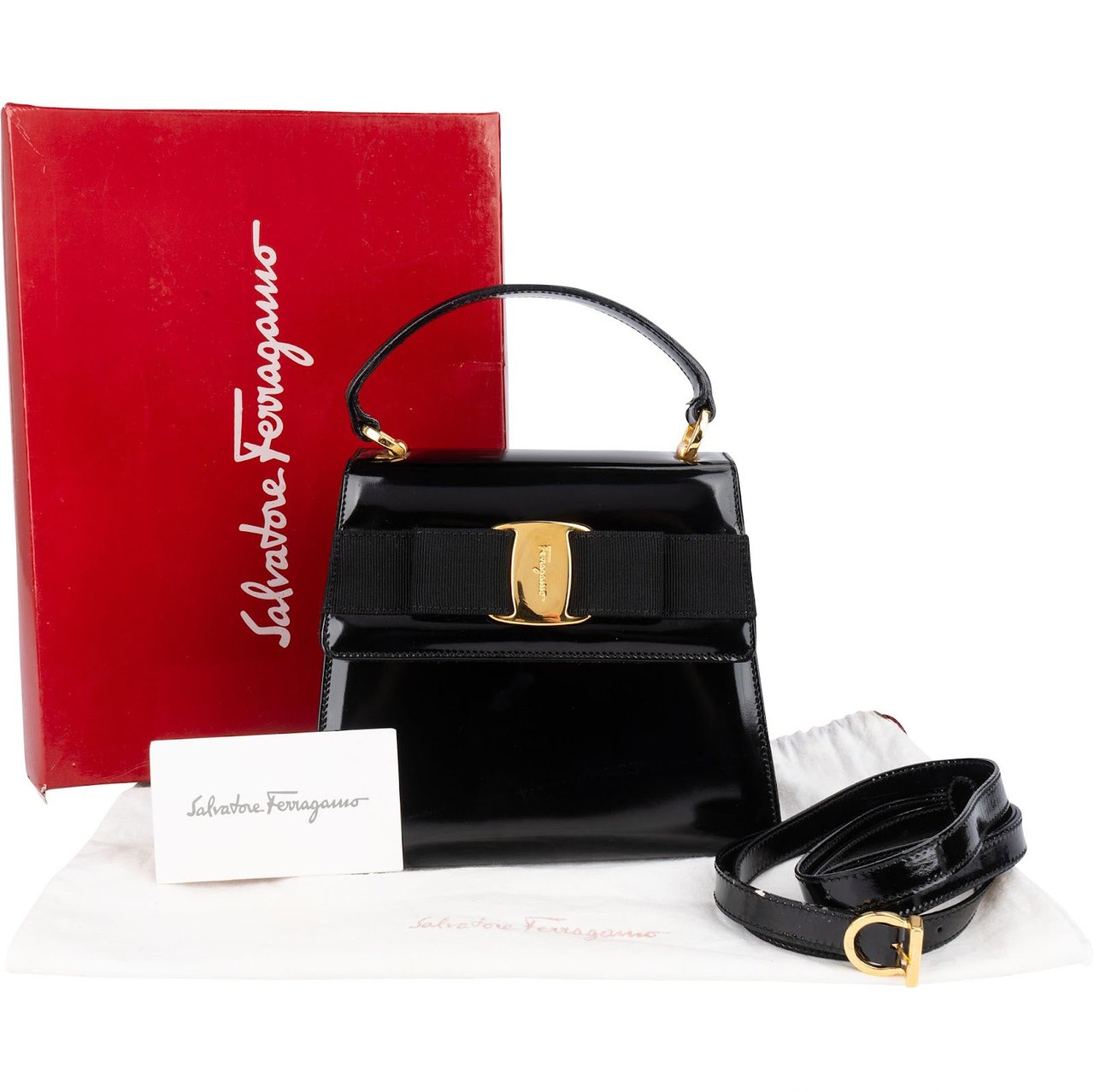 Salvatore Ferragamo Black Patent Calf Leather Vara Bow Top Handle Handbag Zwart
