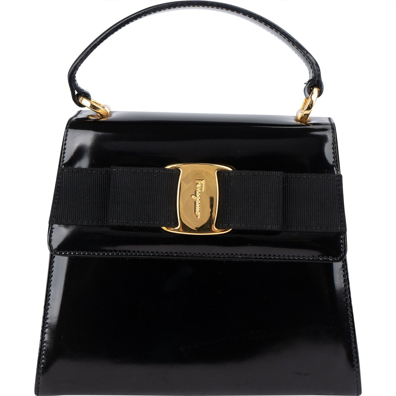 Salvatore Ferragamo Black Patent Calf Leather Vara Bow Top Handle Handbag Zwart