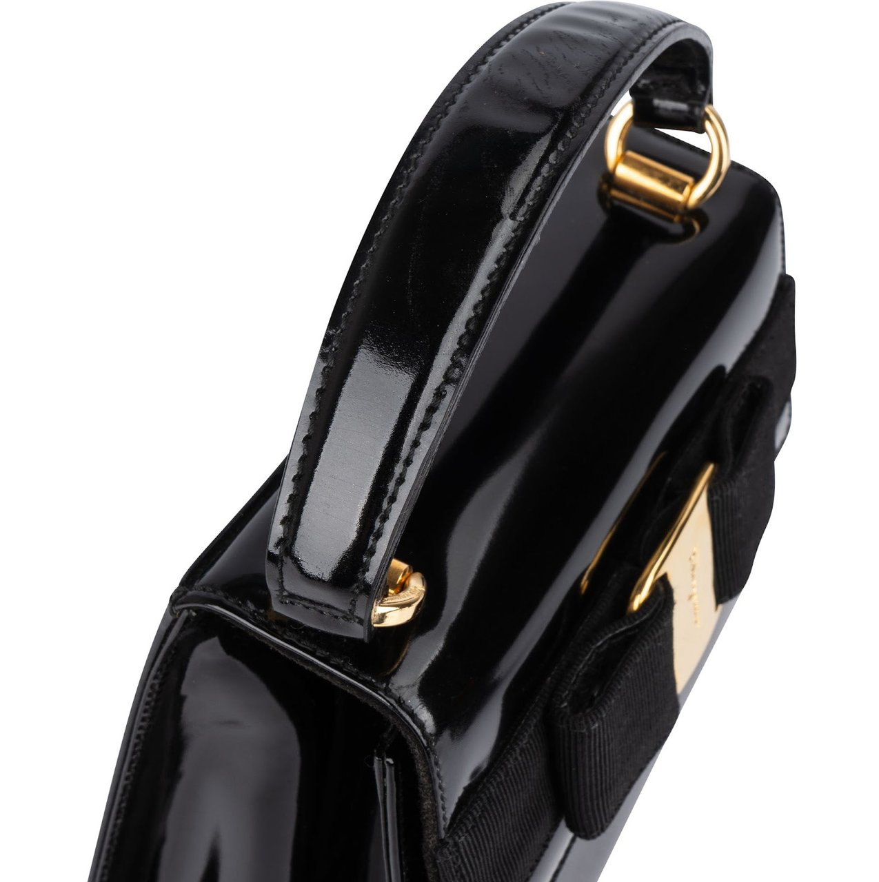 Salvatore Ferragamo Black Patent Calf Leather Vara Bow Top Handle Handbag Zwart