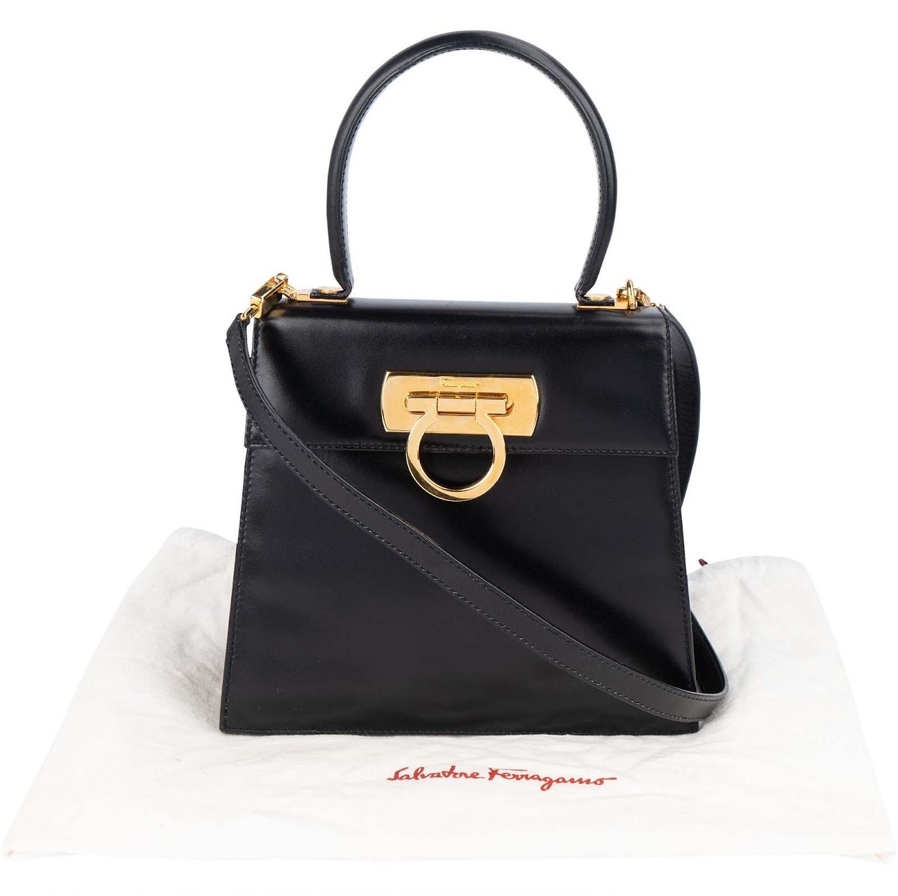 Salvatore Ferragamo Salvatore Ferragamo Black Boxcalf Leather Gancini Top Handle Handbag Zwart