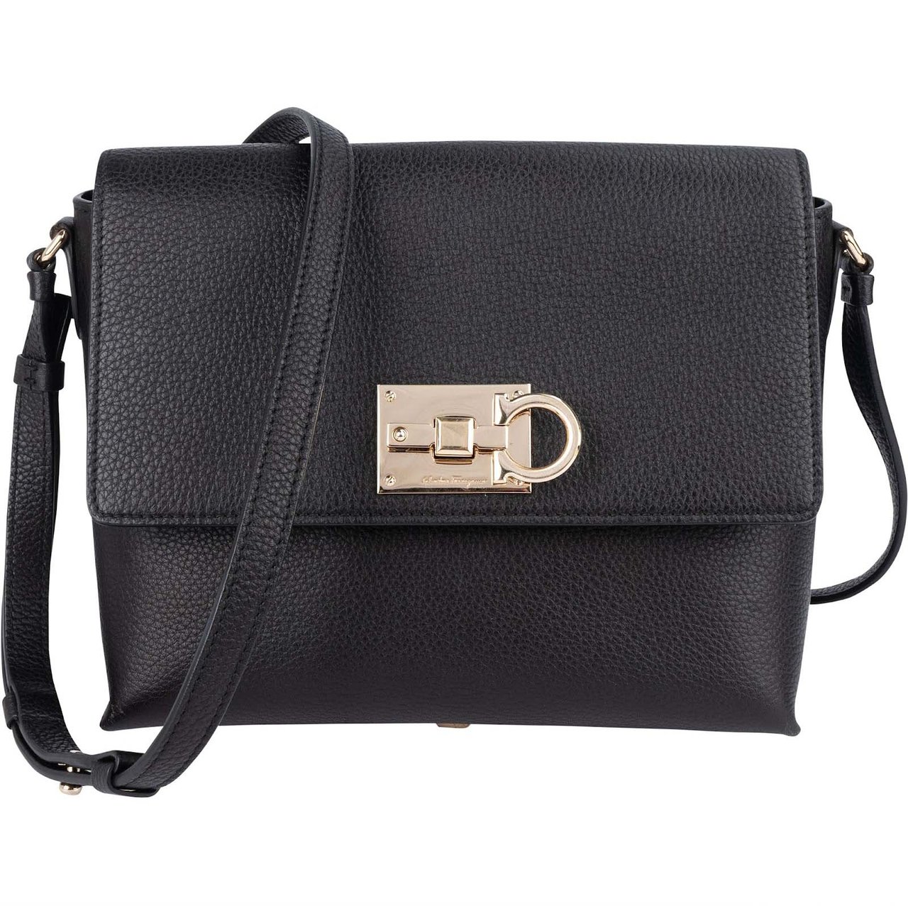 Salvatore Ferragamo Pebbled Leather Gancini Flap Crossbody Bag Zwart