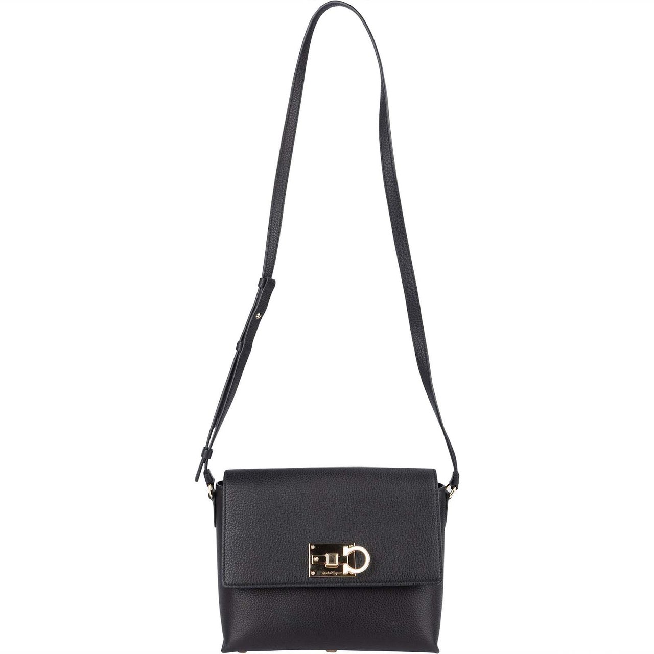 Salvatore Ferragamo Pebbled Leather Gancini Flap Crossbody Bag Zwart