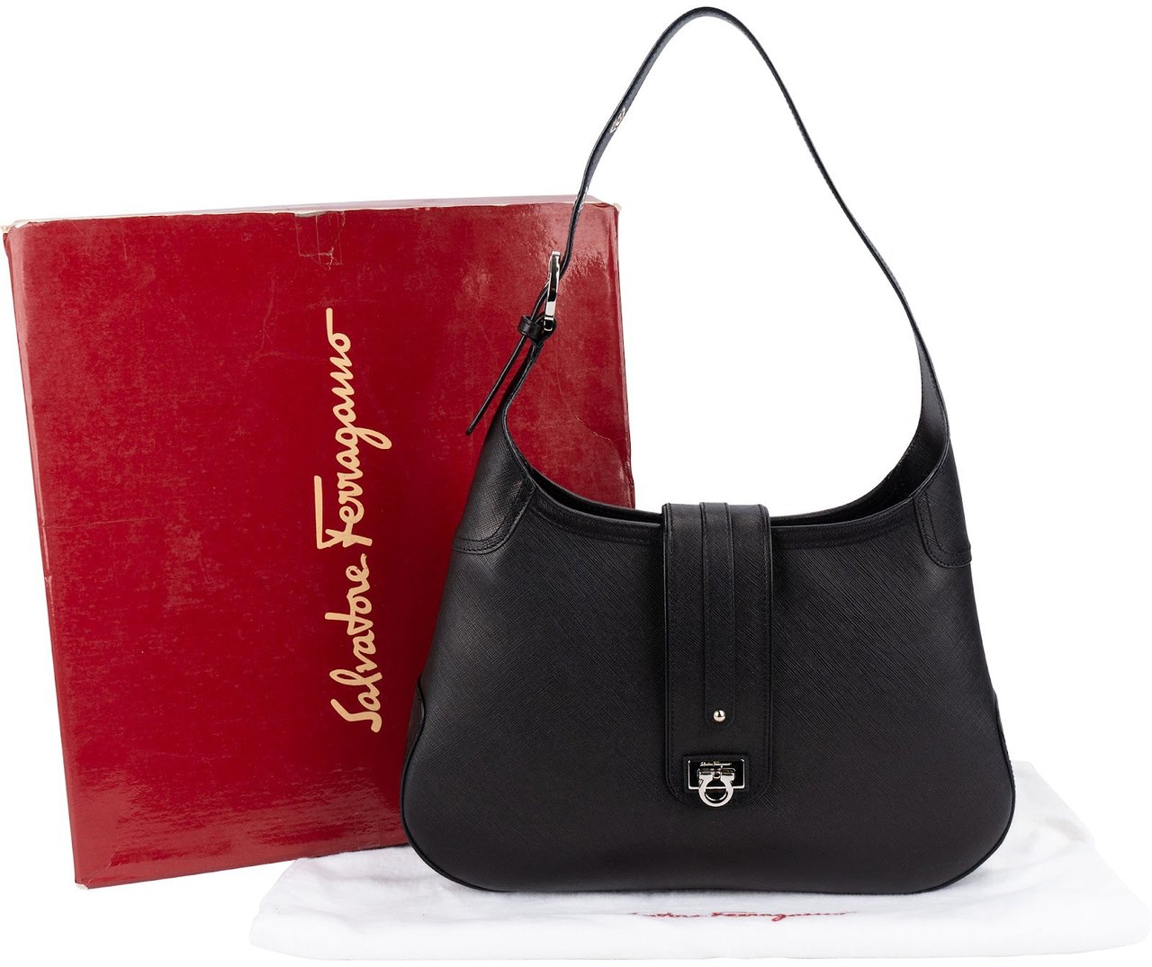 Salvatore Ferragamo Pebbled Calfskin Leather Gancini Shoulder Bag Zwart