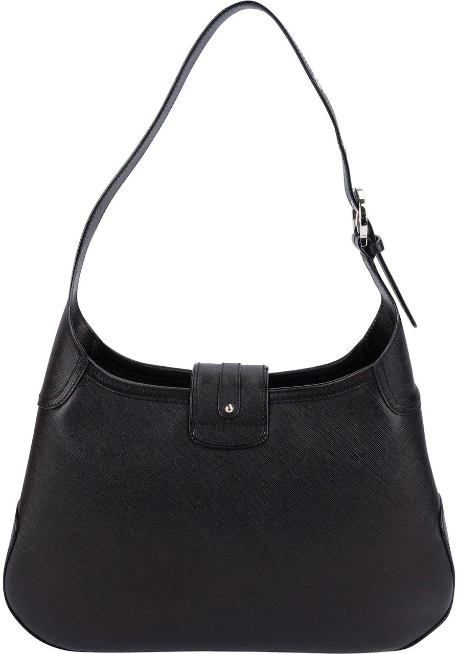 Salvatore Ferragamo Pebbled Calfskin Leather Gancini Shoulder Bag Zwart