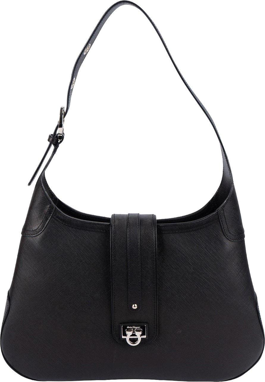 Salvatore Ferragamo Pebbled Calfskin Leather Gancini Shoulder Bag Zwart