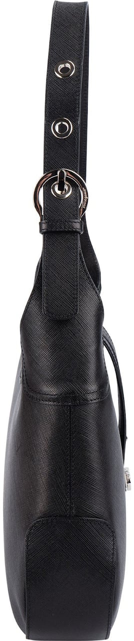 Salvatore Ferragamo Pebbled Calfskin Leather Gancini Shoulder Bag Zwart