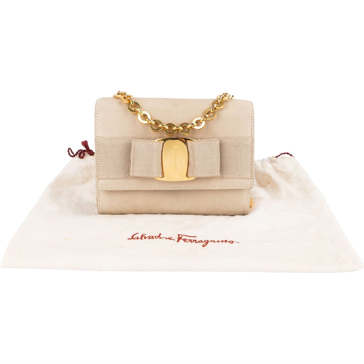 Salvatore Ferragamo Suede Vara Bow Mini Chain Crossbody Bag Beige