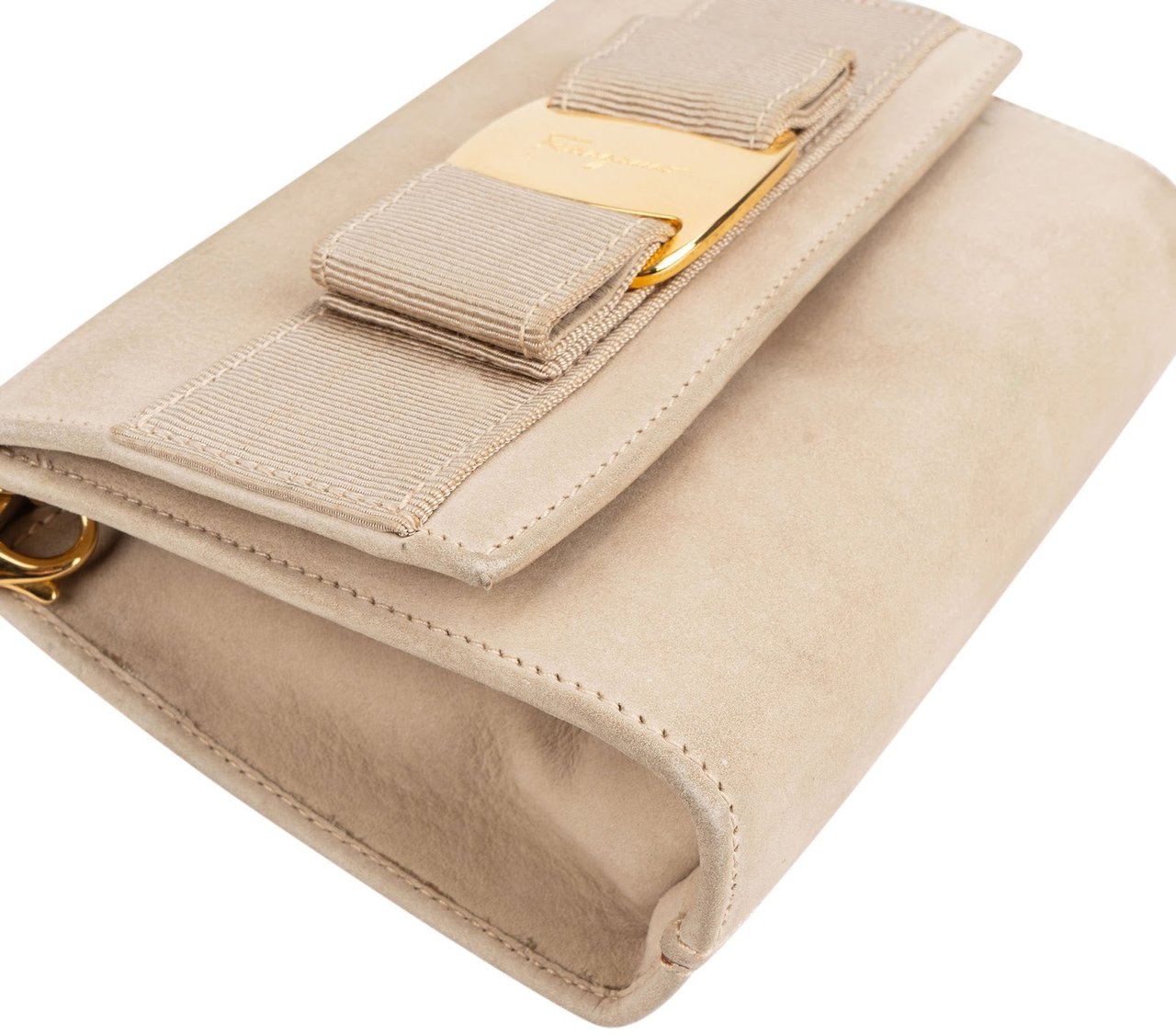 Salvatore Ferragamo Suede Vara Bow Mini Chain Crossbody Bag Beige
