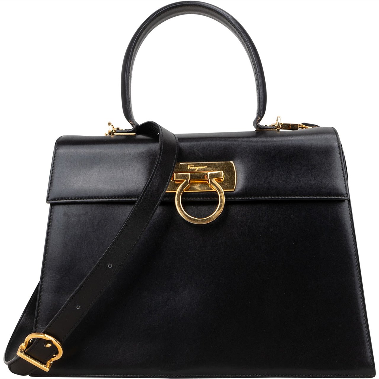 Salvatore Ferragamo Black Leather Calfskin Gancini Top Handle Handbag Zwart