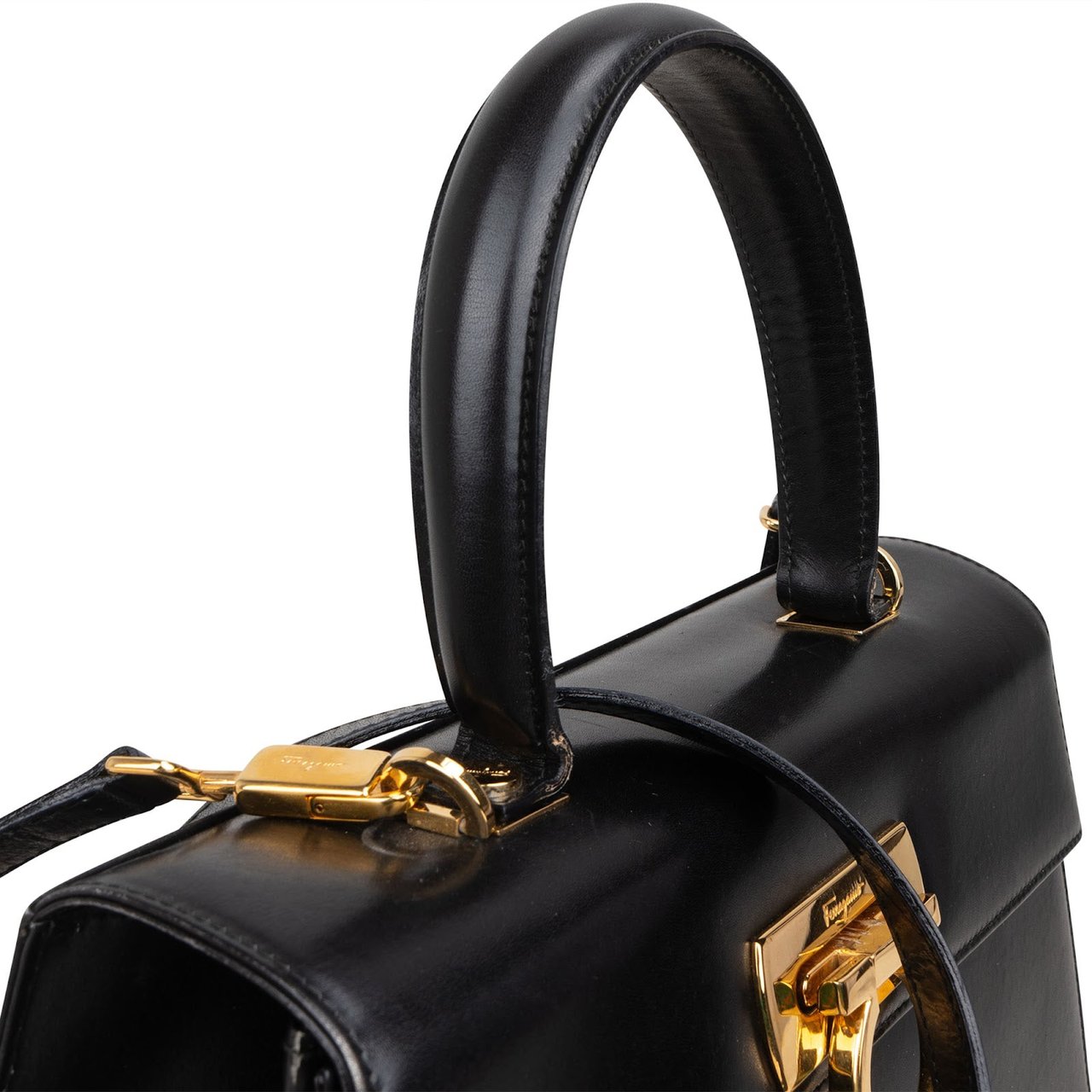 Salvatore Ferragamo Black Leather Calfskin Gancini Top Handle Handbag Zwart