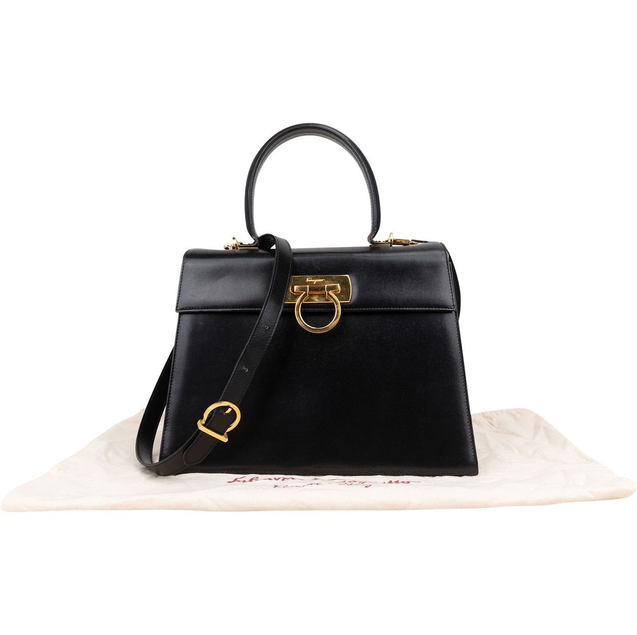 Salvatore Ferragamo Black Leather Calfskin Gancini Top Handle Handbag Zwart