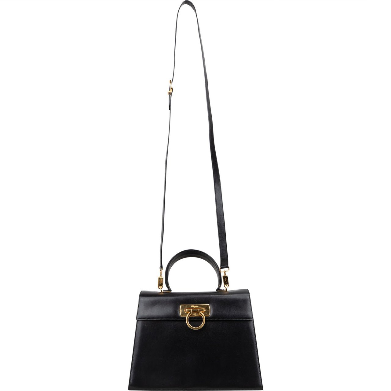Salvatore Ferragamo Black Leather Calfskin Gancini Top Handle Handbag Zwart