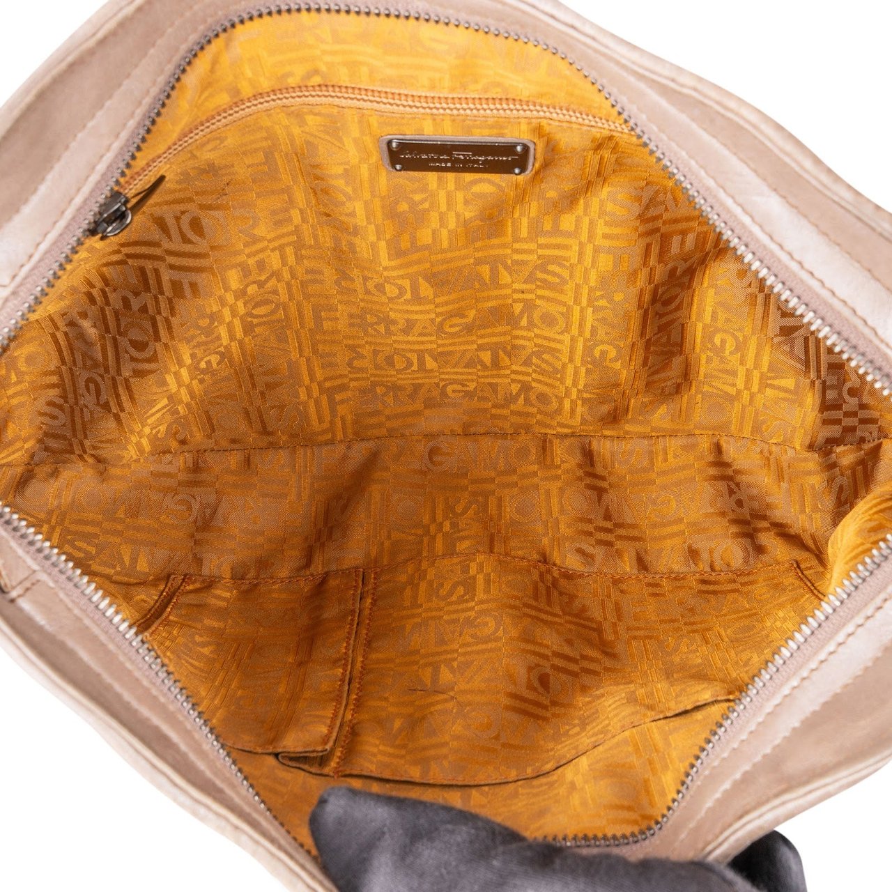 Salvatore Ferragamo Pleated Leather Gancini Flap Bag Handbag Taupe