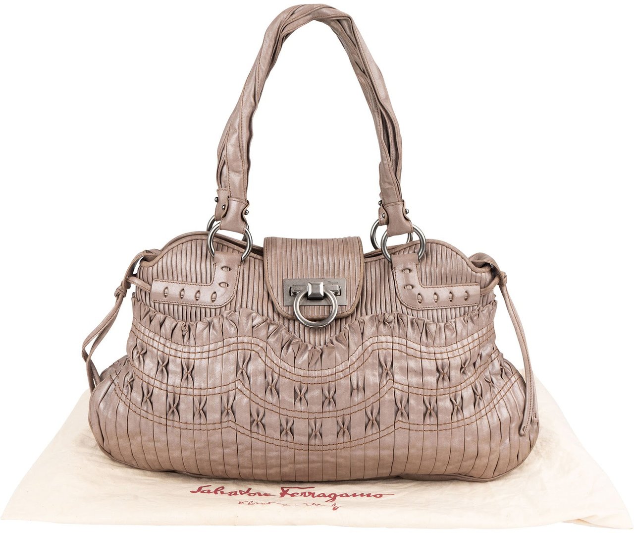 Salvatore Ferragamo Pleated Leather Gancini Flap Bag Handbag Taupe