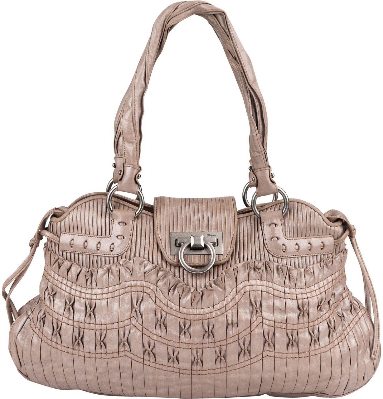 Salvatore Ferragamo Pleated Leather Gancini Flap Bag Handbag Taupe