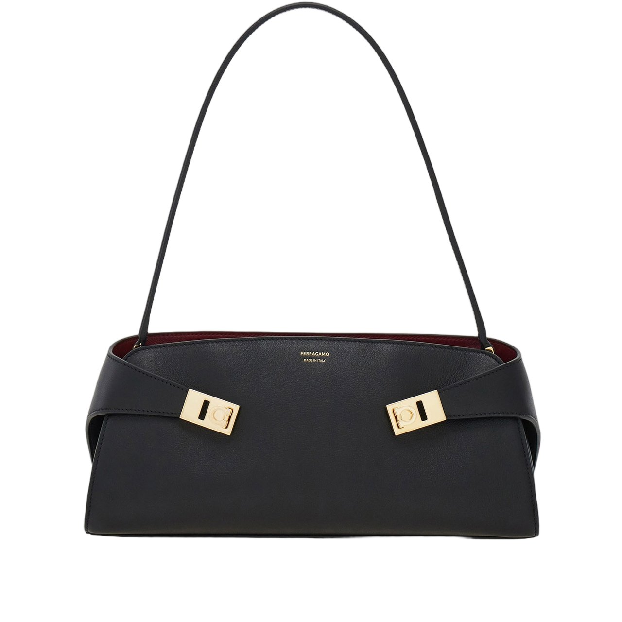 Salvatore Ferragamo Embossed Leather Shoulder Bag with Gancini Buckle Closure Zwart