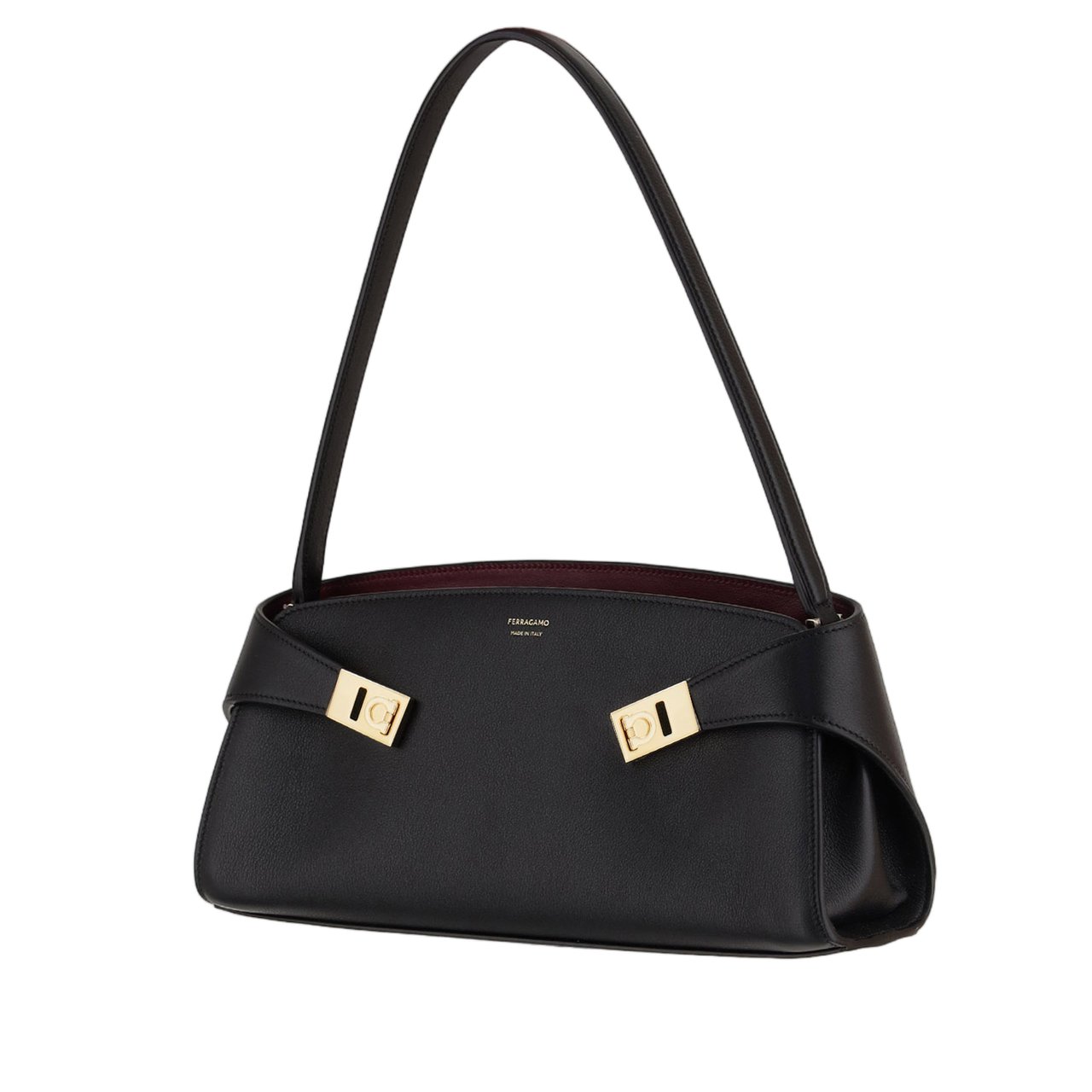 Salvatore Ferragamo Embossed Leather Shoulder Bag with Gancini Buckle Closure Zwart