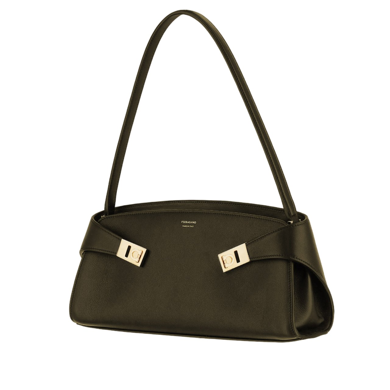 Salvatore Ferragamo Embossed Calfskin Shoulder Bag With Iconic Gancini Buckle Zwart
