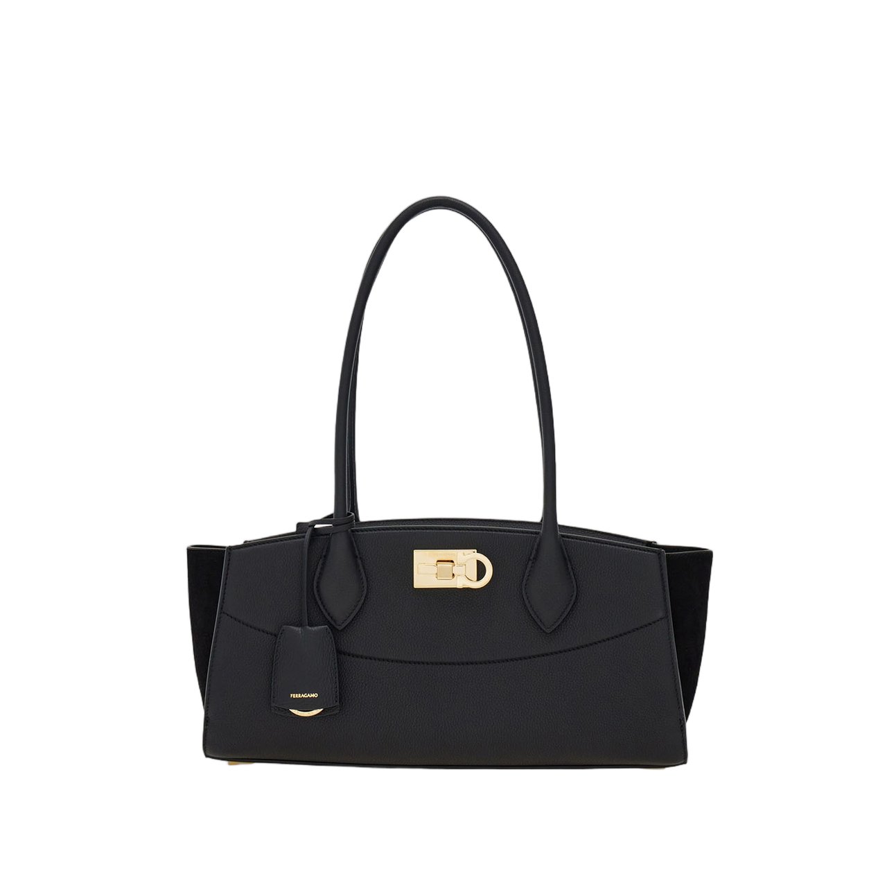 Salvatore Ferragamo Embossed Leather East West Shoulder Bag With Suede Accents Zwart