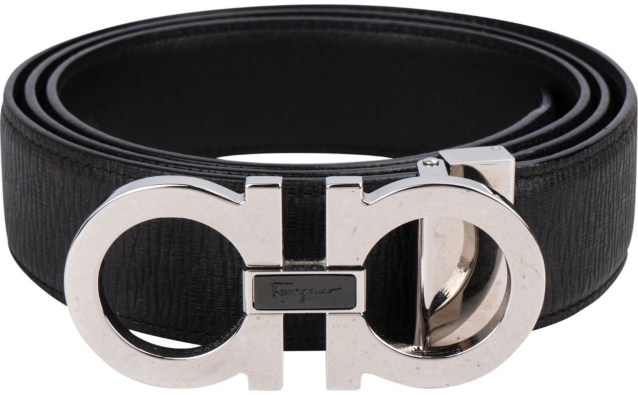 Salvatore Ferragamo Nero Pebbled Leather Gancini Belt (105) Zwart