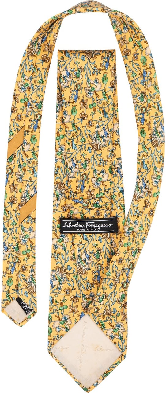 Salvatore Ferragamo Bird Floral Print Silk Tie Krawatte Geel