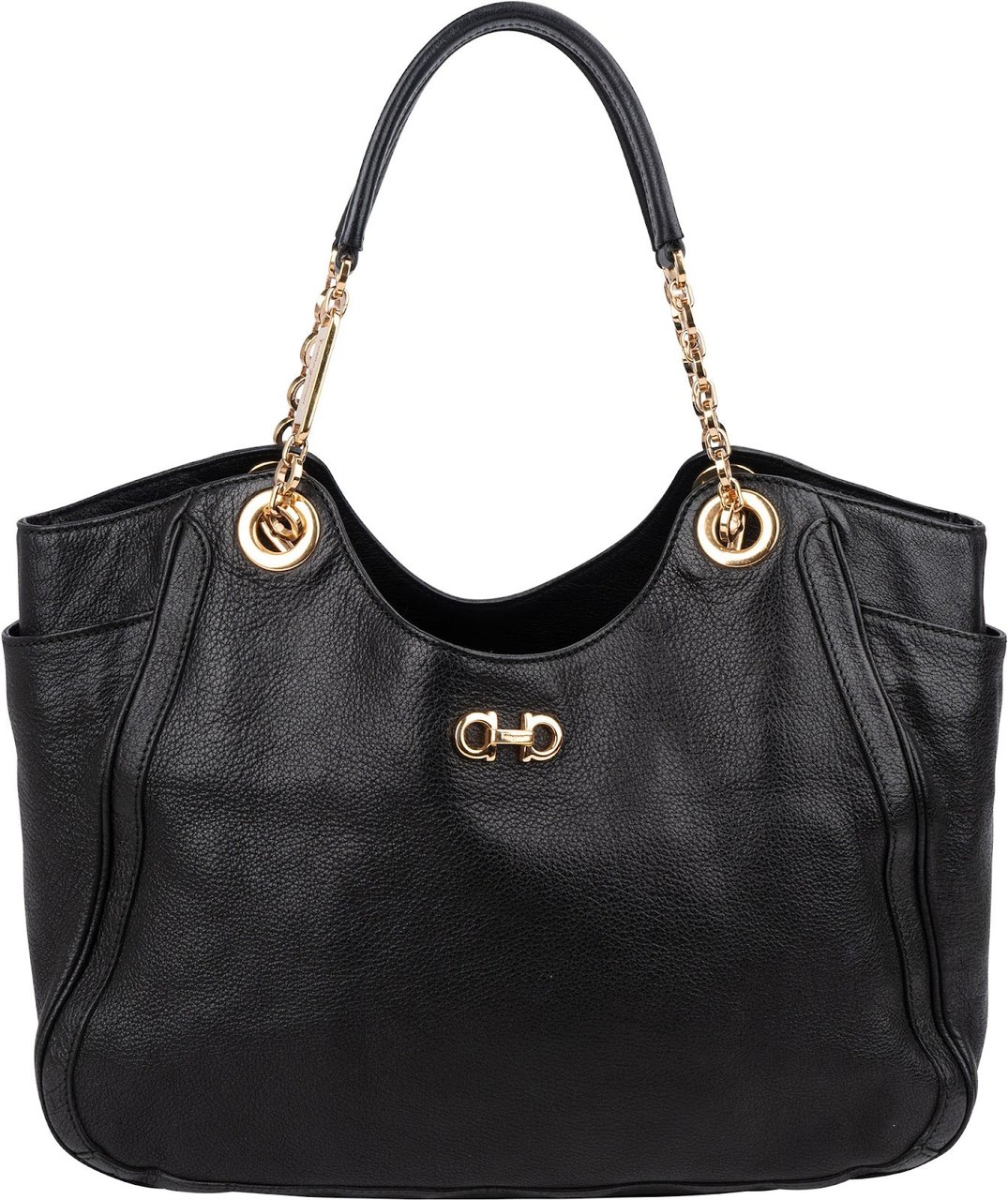 Salvatore Ferragamo Pebbled Leather Gancini Tote Shoulder Bag Zwart