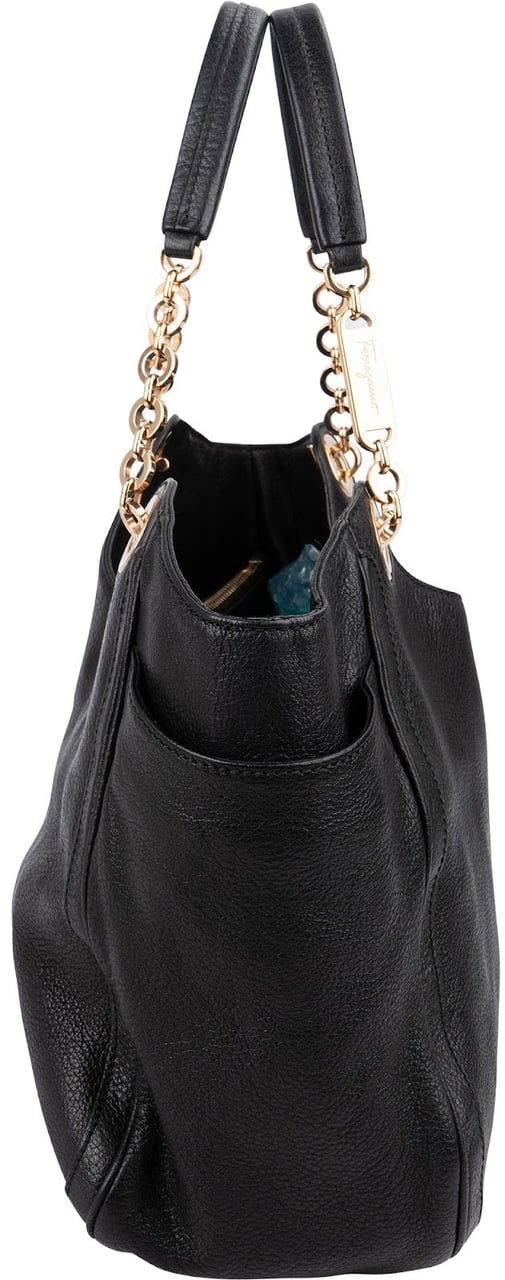 Salvatore Ferragamo Pebbled Leather Gancini Tote Shoulder Bag Zwart