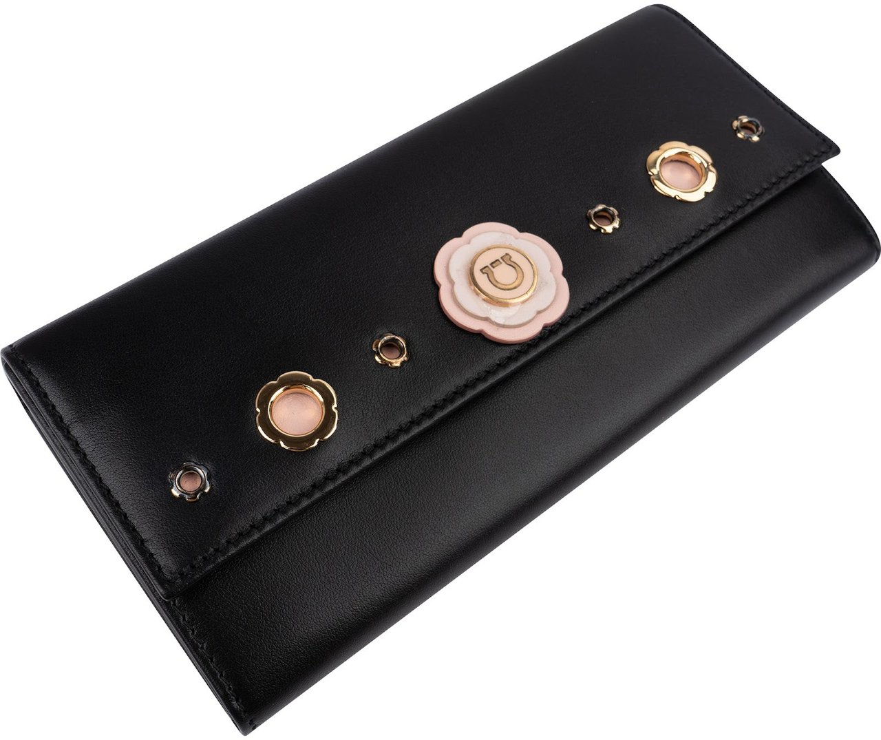 Salvatore Ferragamo Leather Diadora Pins Flap Wallet Zwart