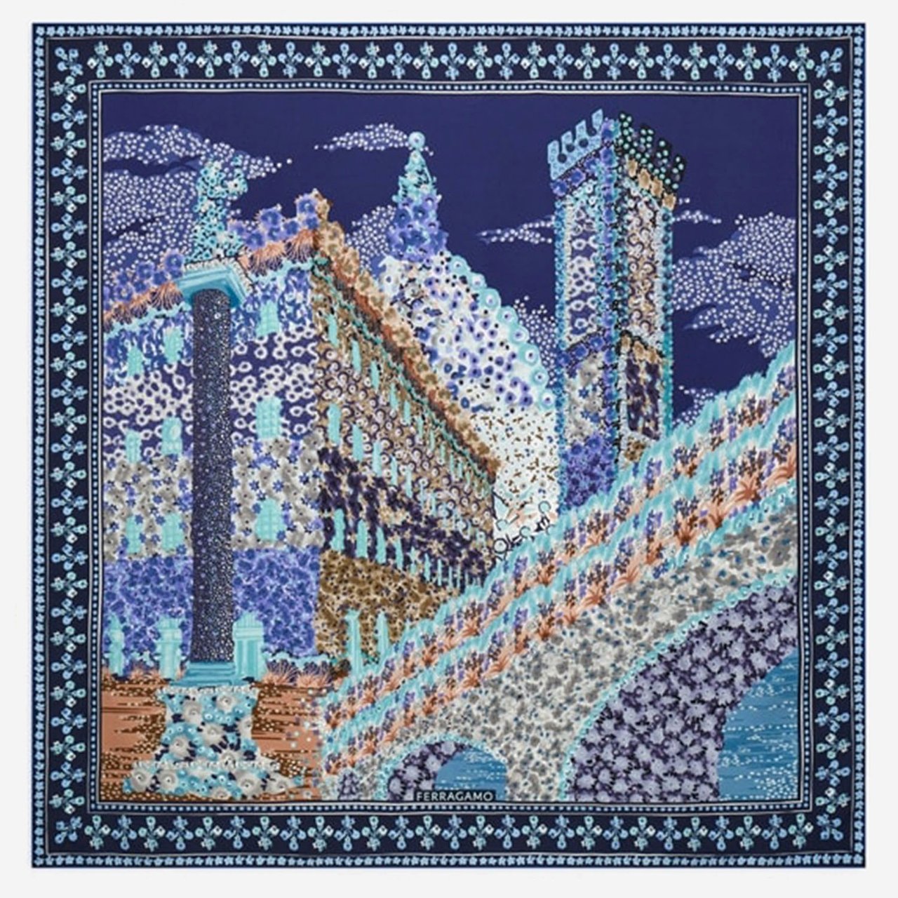 Salvatore Ferragamo Square Silk Scarf With Palazzo Print Design Blauw