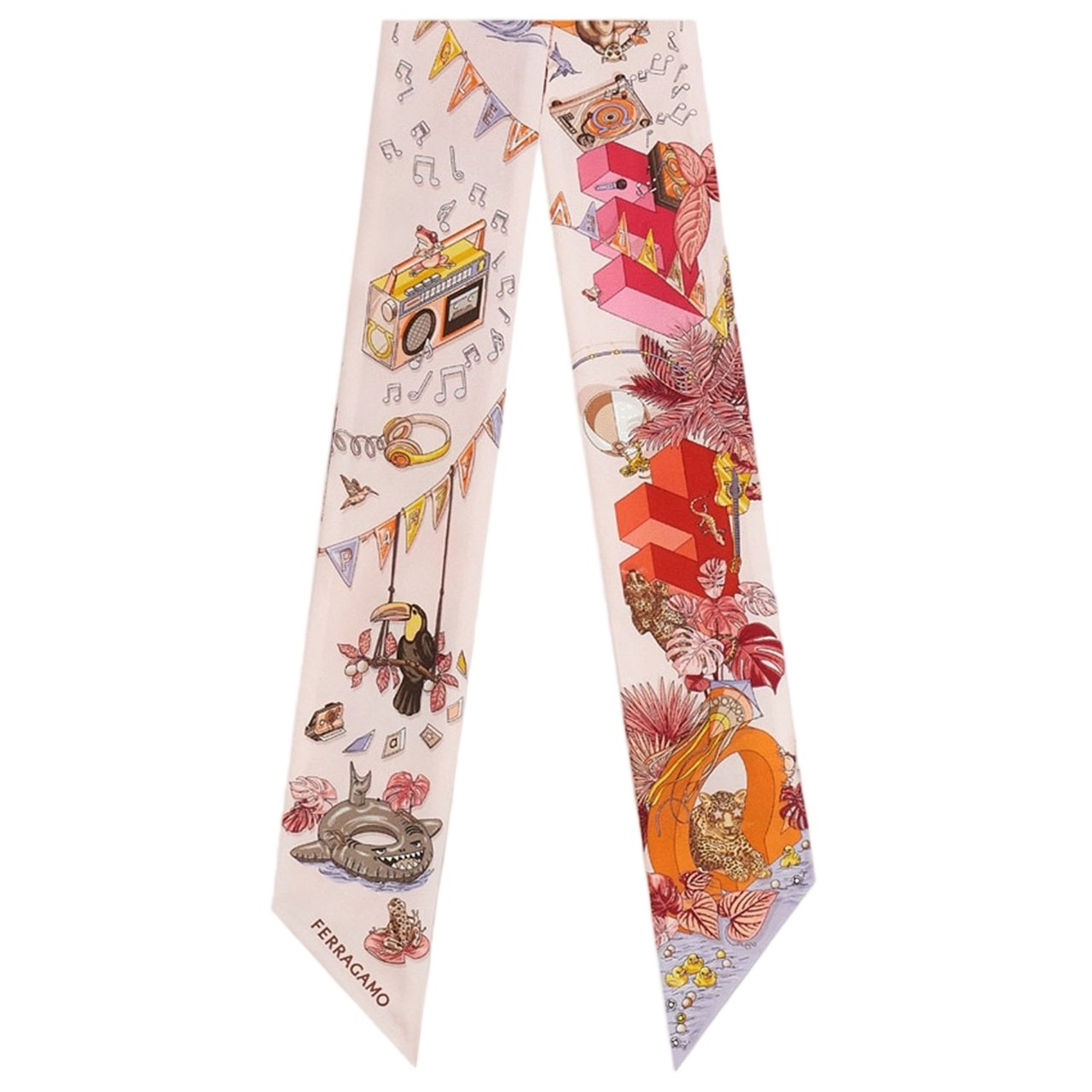 Salvatore Ferragamo Mini Silk Bandeau Scarf with Jungle Party Print Neutraal