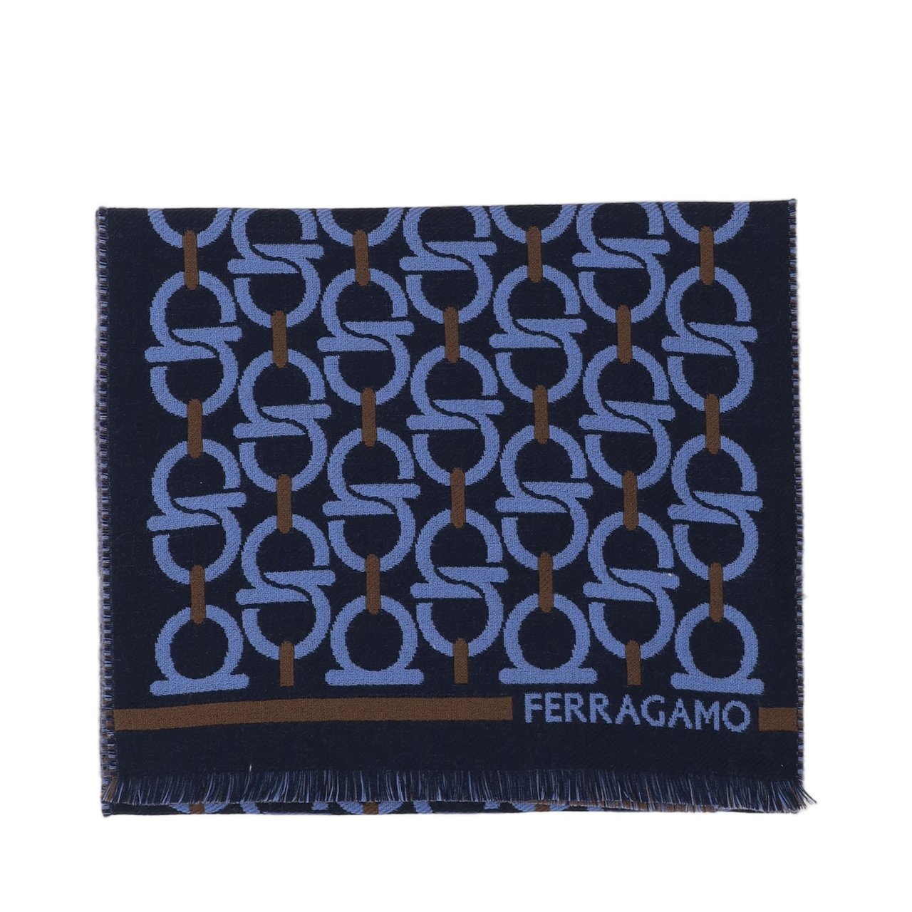 Salvatore Ferragamo Wool Hook Pattern Fringed Scarf Zwart