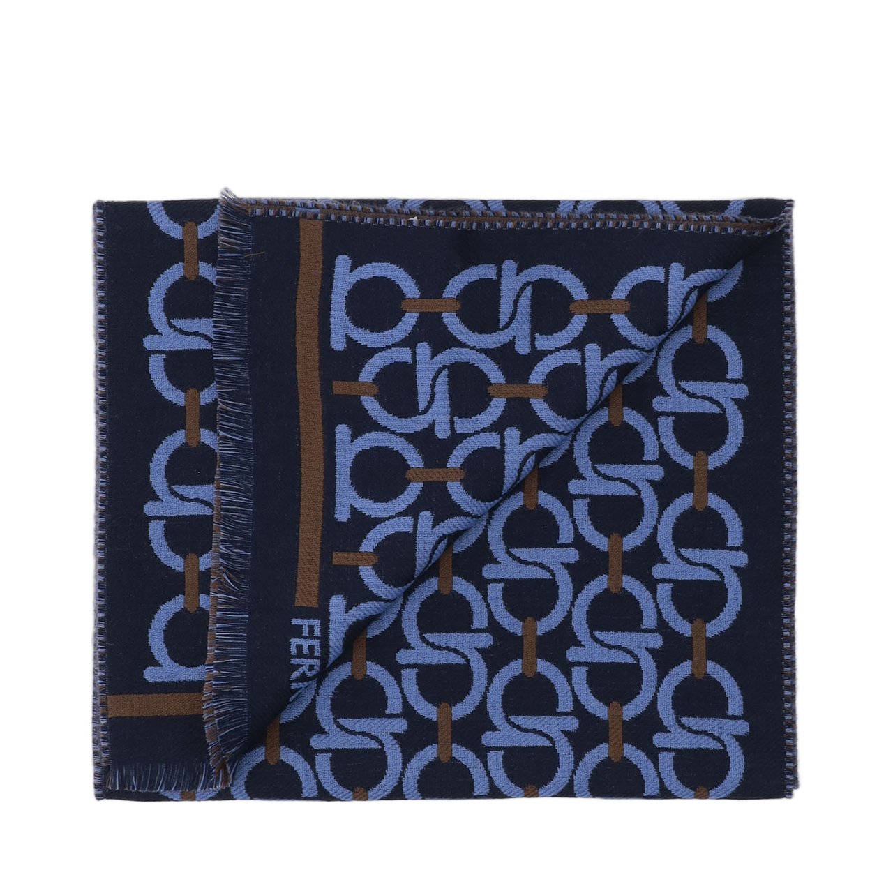 Salvatore Ferragamo Wool Hook Pattern Fringed Scarf Zwart