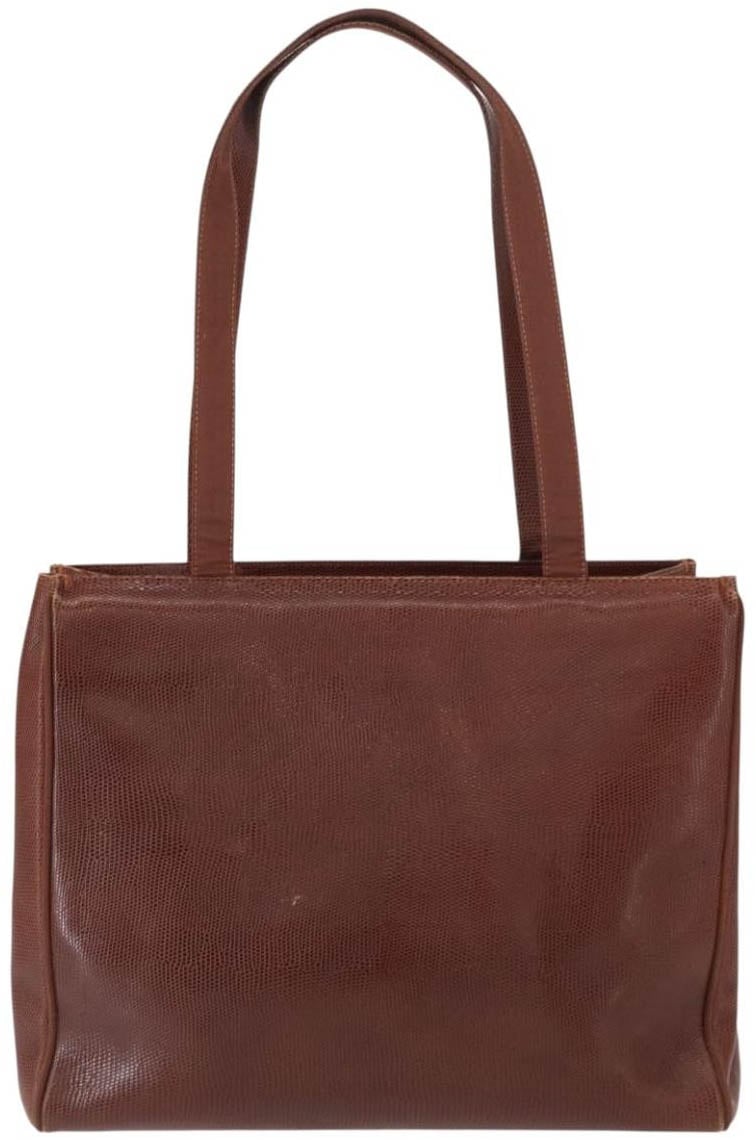 Salvatore Ferragamo Vintage Vara Bow Tote Lizard Embossed Leather Medium Bruin