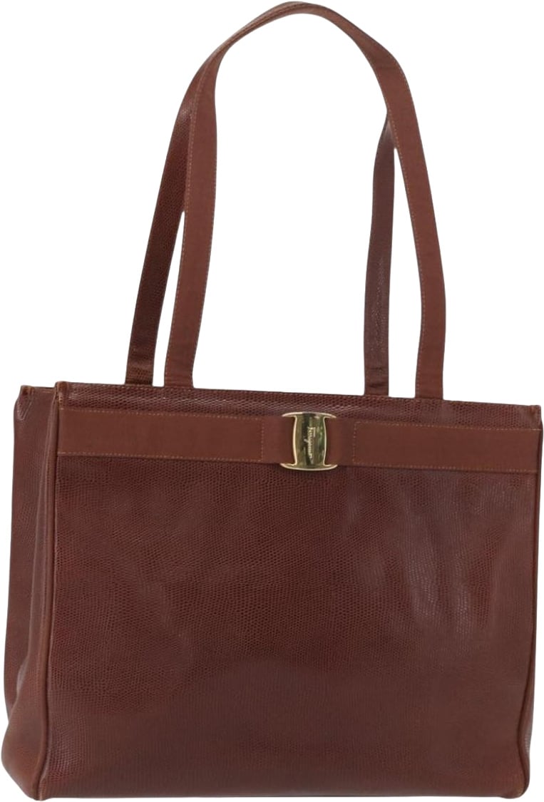 Salvatore Ferragamo Vintage Vara Bow Tote Lizard Embossed Leather Medium Bruin