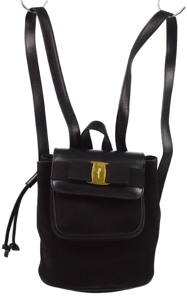 Salvatore Ferragamo Salvatore Ferragamo Vara Flap Drawstring Backpack Leather and Suede Zwart