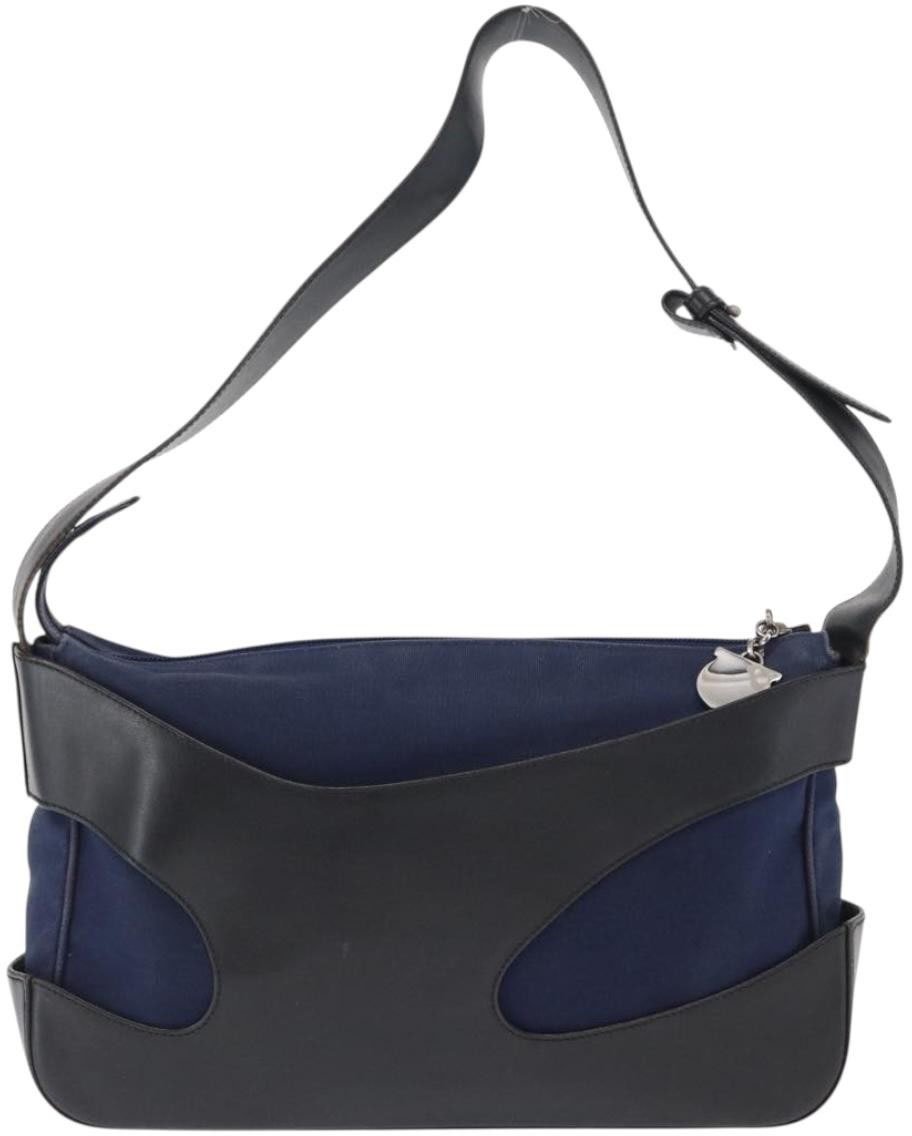 Salvatore Ferragamo Cut Out Shoulder Bag Canvas and Leather Navy
